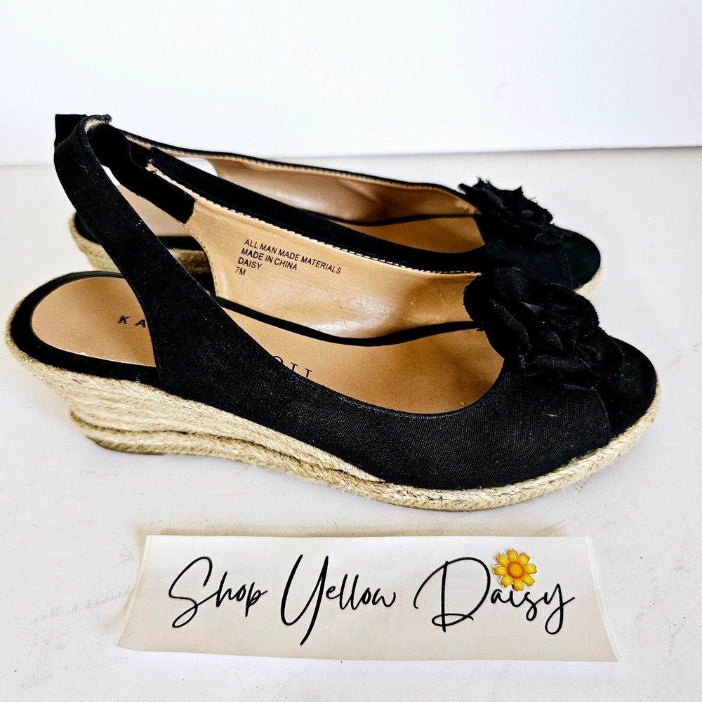 Karen Scott Daisy Black Canvas Flower Espadrille Slingback Wedge Sandals 7M